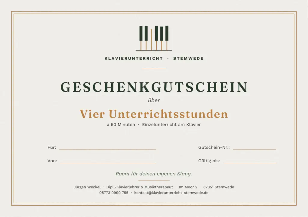Geschenkgutschein über vier Unterrichtsstunden – Klavierunterricht Stemwede